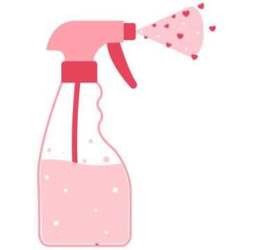 Pink spray bottle emits conical mist filled hearts above bubbly liquid dip tube trigger. Lovely for fragrance romance aroma apps packaging UI kits beauty labels logos marks symbols