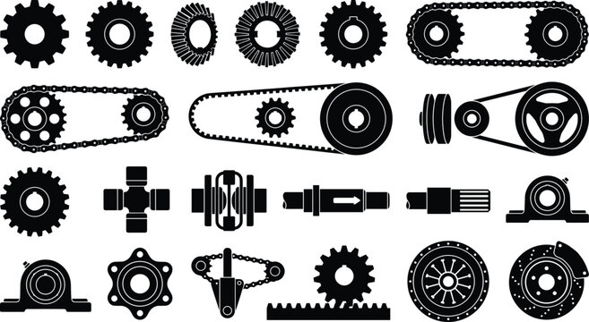 WebIndustrial machine gear silhouettes with chain drive, pulley system, and mechanical transmission components illustration