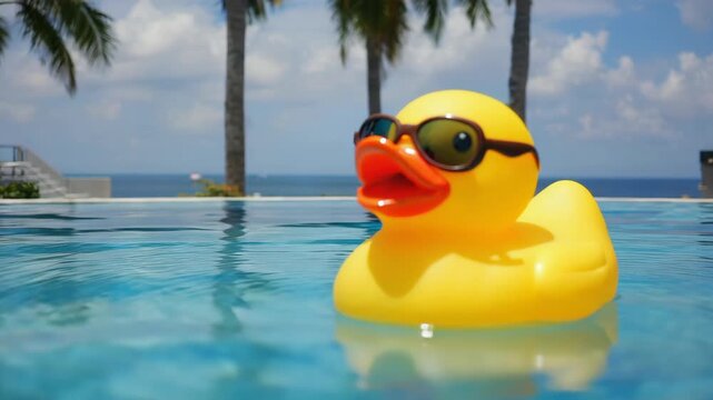 A rubber duck wearing sunglasses floats in a pool.