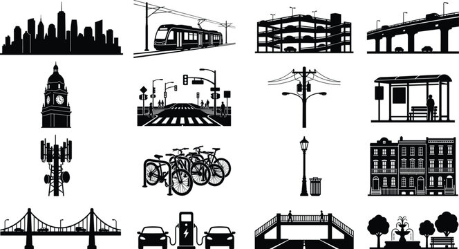 WebUrban infrastructure silhouette icons of city transport, architecture, utilities, and public spaces for modern design