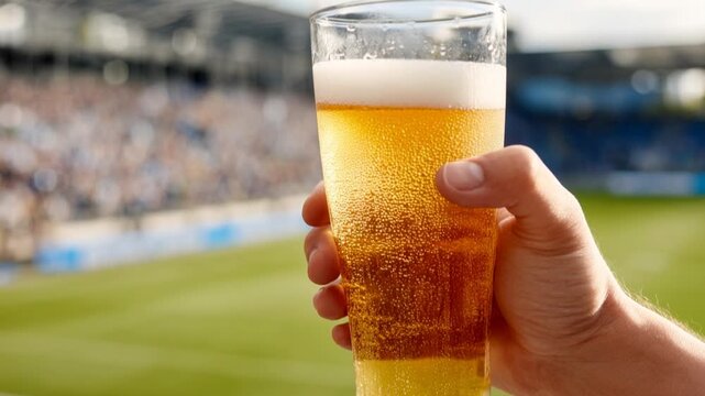 A close-up view of a hand holding a refreshing glass of golden beer at a crowded outdoor stadium.