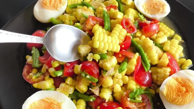 Taking a spoonful of fresh Thai corn salad with tomatoes, beans, and hard-boiled eggs.