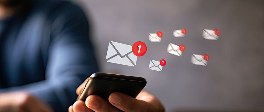 Person Holding Smartphone Receiving Email Notifications with Red Badges.