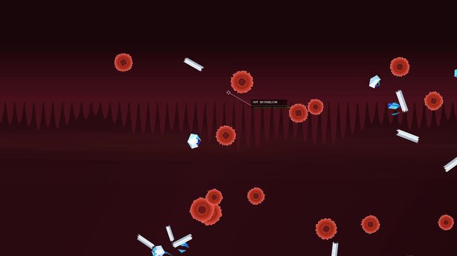 Animation of microplastics invading the gut epithelium tissue and interacting with red blood cells