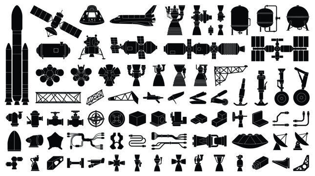 Collection of aerospace vector icons featuring rockets satellites spacecraft engines and space exploration technology