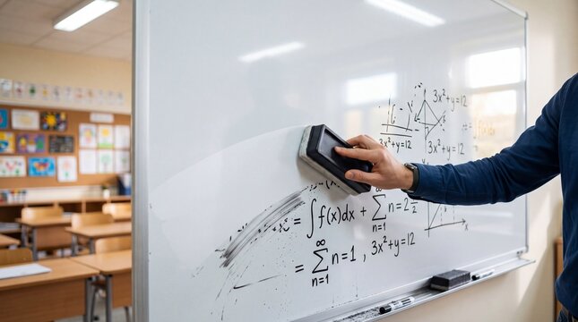 Teacher Erasing Math Equations from Whiteboard in Empty Classroom