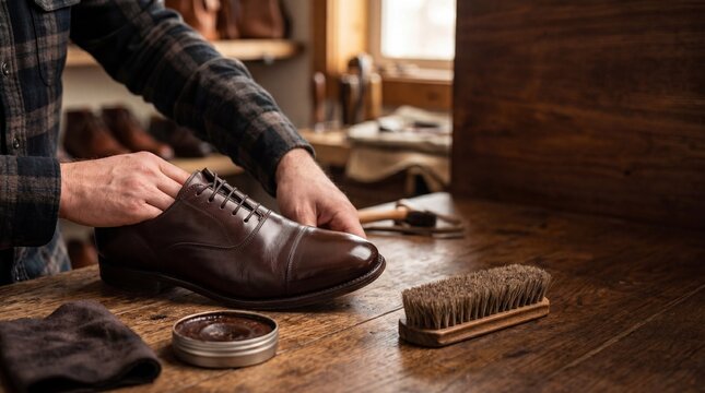 Craftsman Polishing Brown Leather Oxford Shoe in Rustic Workshop