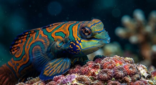 Macro Mandarin Fish Synchiropus splendidus on Coral Reef
