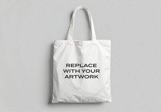 Canvas tote bag mockup with replace your artwork text displayed on a neutral gray surface, minimalist branding presentation, clean product display, graphic design template, flat lay