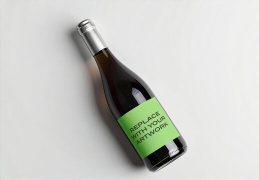 Glass wine bottle mockup with label placeholder on white surface, studio-lit overhead view, realistic product presentation for branding and packaging design, template artwork replacement