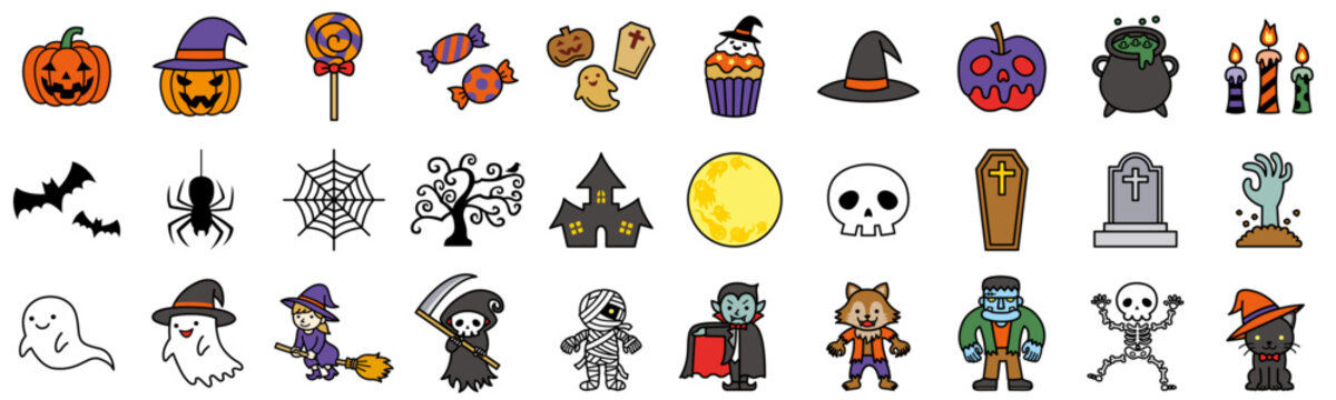 ポップでかわいいハロウィンのイラストアイコンセット（主線あり）