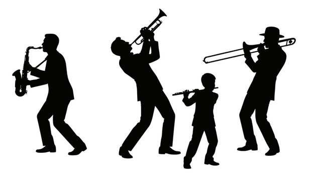 Silhouette figures of four jazz band musicians playing saxophone trumpet trombone and flute for musical concert and entertainment posters.