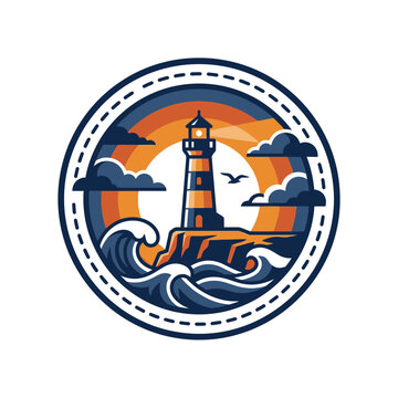 Circular maritime lighthouse and stormy ocean wave emblem.