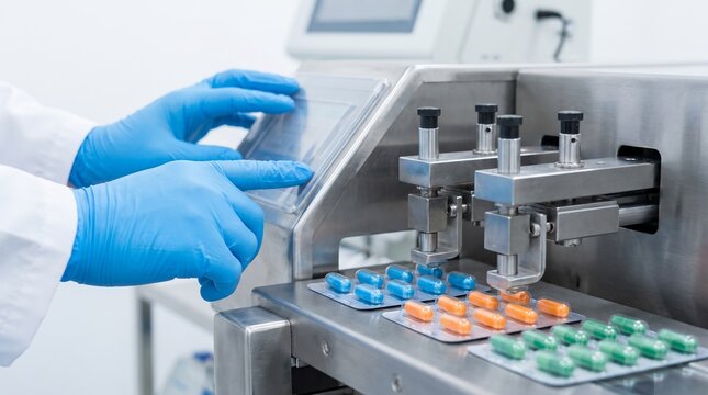 Pharmaceutical Professional in Blue Gloves Operates a Modern Packaging Machine Producing Colorful Capsules in a Sterile Laboratory