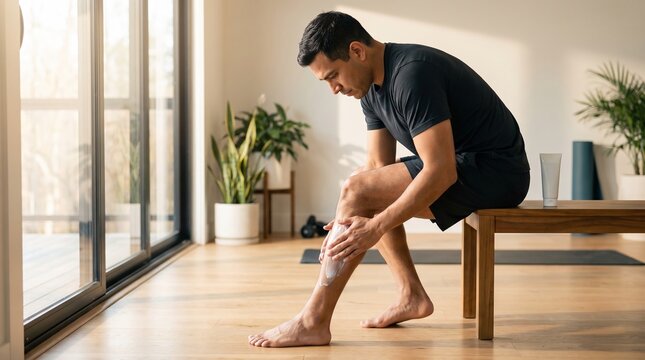 Man Applying Soothing Cream to His Leg After a Workout Promoting Muscle Recovery and Wellness at Home