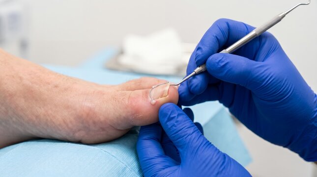 Podiatrist wearing blue medical gloves uses a specialized metal instrument to carefully treat an ingrown toenail and examine patient foot condition during clinical consultation