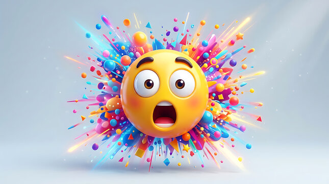 3D rendered yellow emoji character with a surprised expression surrounded by a colorful explosion of abstract shapes.