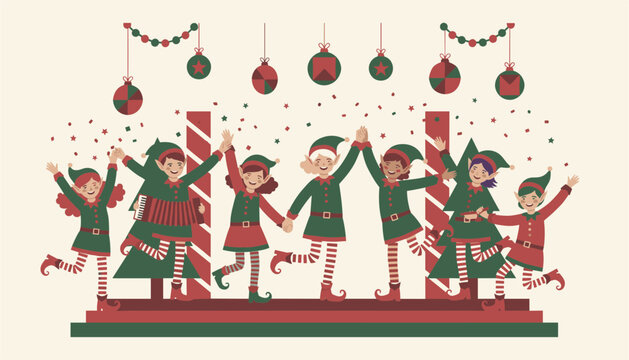 Group of festive Christmas elves dancing and celebrating on a stage with holiday ornaments creates a joyful and lively holiday season party scene.