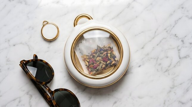 Luxury white circular container with herbal floral tea bag. Premium wellness accessory on marble table, for organic beverage branding.
