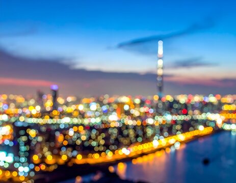 Blurred cityscape at dusk, a tall structure reaching into the darkening sky, lights ablaze