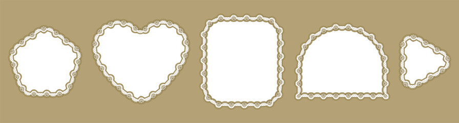 Fototapeta premium Cream lattice flower lace borders outline pentagon, heart, square, arch plus rounded triangle frames on tan as Victorian crochet trim isolated for wedding invitation labels or rustic stationery.