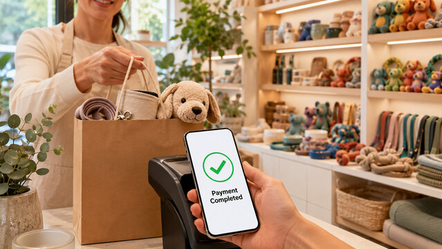 Customer Paying via Contactless Smartphone at Modern Pet Boutique Counter with Copy Space for Smart POS Advertising