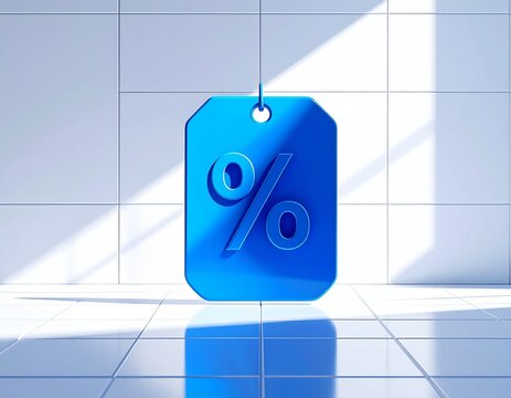 3D render of a blue discount price tag icon with a percentage symbol discount percentage shopping