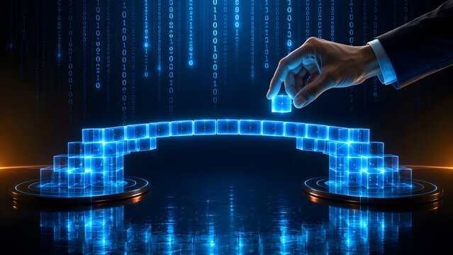 Human hand placing a connecting block onto a futuristic glowing digital bridge structure over binary code background