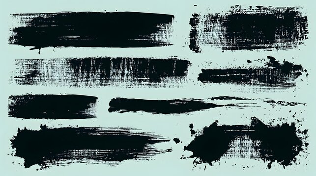 Grunge Roller Brush Stroke Vector Texture Set. Grunge roller brush stroke set on a pale mint background with rough paint textures, splatter edges. Linocut Brayer Roller Ink Texture Set. 