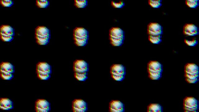 Pixelated human skull symbols zoom in animation with glitch effects