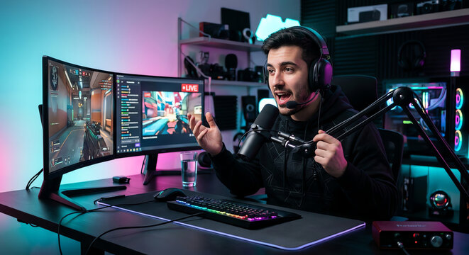 Young man streamer playing video game and broadcasting live