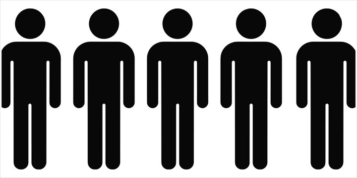 Five Black Human Figures Standing in a Row on White Background Keywords: people, figures, icons, silhouettes, men, individuals