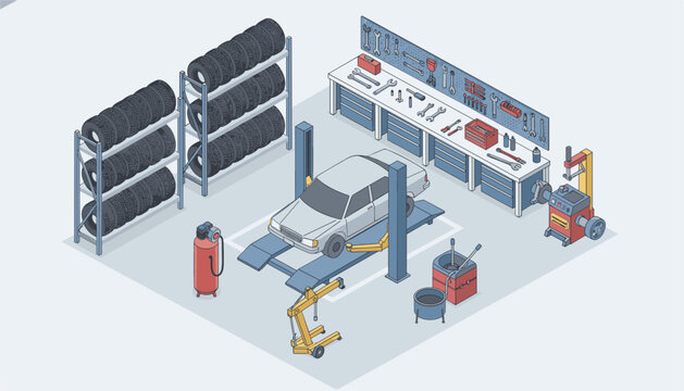Well equipped vehicle workshop features a car on a hydraulic lift with organized tool boards and heavy tires stored on shelves in an isometric layout.