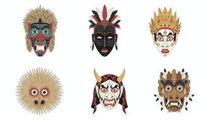 Naklejka premium Collection of six distinct ritualistic masks from different cultures displayed on a clean white background for artistic reference.