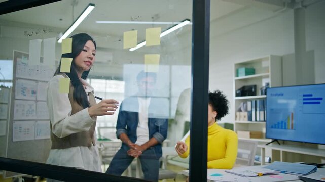 Group of creative Businesspeople brain storm meeting presentation,discussing roadmap to product launch, planning,strategy,dashboard,new business development,working with new startup project in office