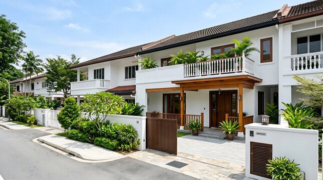 Modern luxury white townhouse with wooden accents and lush green landscaping under a bright blue sky