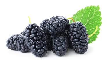 Pile of ripe mulberries and green leaf isolated on white © New Africa