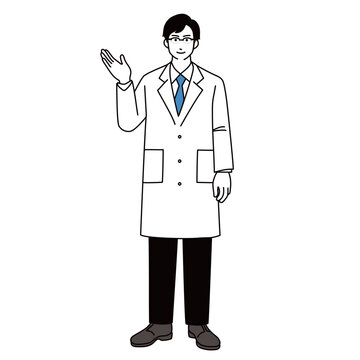 白衣の男性医師が手を挙げて説明するイラスト