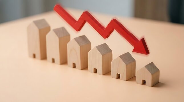 Wooden house models with a red downward arrow