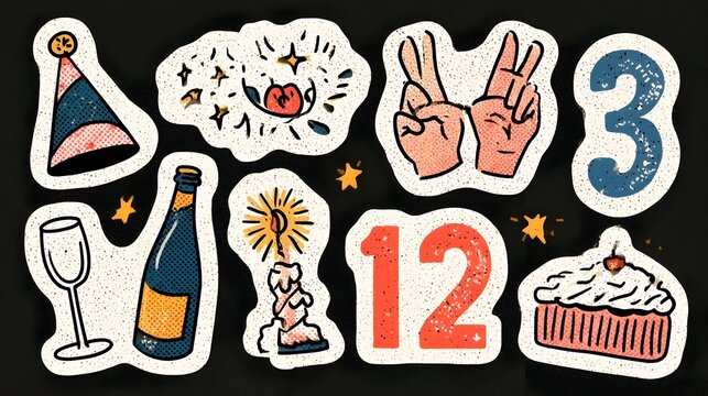Happy birthday halftone collage cut outs set. Funny stickers with vintage dot texture and doodles. Party hat, cheers hands, champagne, cake, candle, numbers. Modern retro vector illustration