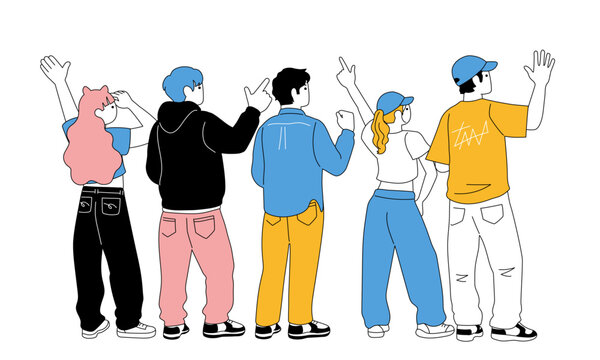 後ろ姿でポーズをとる5人の若者が並ぶ線画調のバナーイラスト