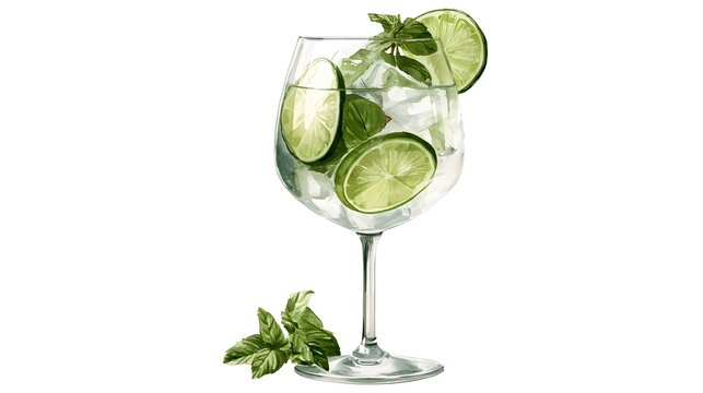 isolated watercolor illustration of a hugo or lime spritz with mint in a wine glass on white background background Stock Illustration