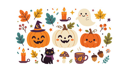 Naklejka premium Cute Halloween icons featuring pumpkins and ghost