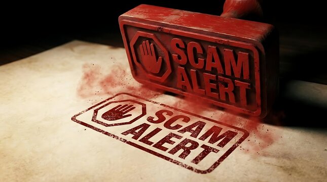Red rubber stamp with scam alert text on aged paper