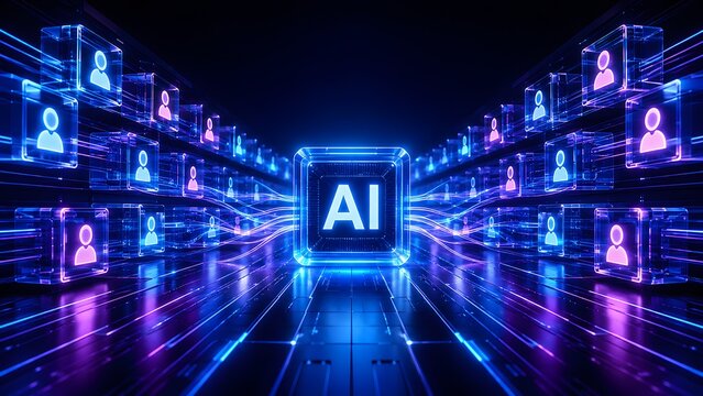Central artificial intelligence processor chip connected to multiple glass cubes with glowing human profile icons in a dark digital space