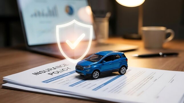 Toy car on insurance policy document with digital shield