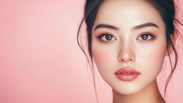 A young Asian woman with a soft gaze and light makeup, set against a pink backdrop.