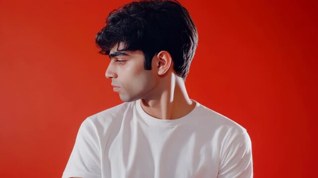A side profile of a young adult male with shoulder-length curly hair. He's wearing a white shirt and looking to the right. The background is a solid red, providing a vibrant contrast to his attire.