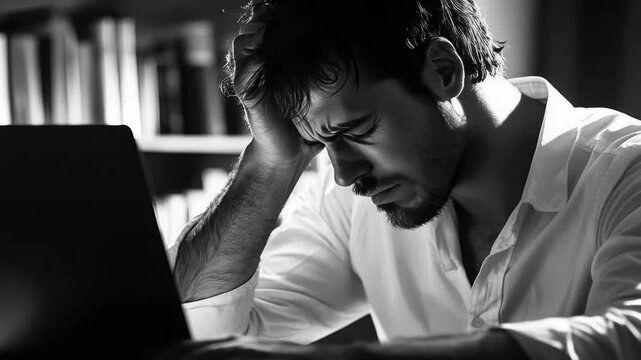 A man, seemingly overwhelmed, sits at his desk with his head on his hand and his laptop open in front of him.