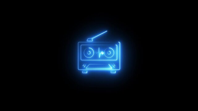 glowing audio Speaker icon .Bright tape recorder icon neon color style background. radio on black background. Animated neon light